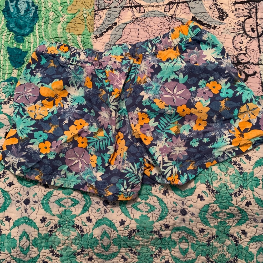 Floral Print Women's Lounge Shorts - Navy with Teal & Yellow